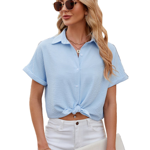 Color-skyblue-Spring Summer Solid Color Polo Collar Short Sleeved Shirt Button Loose Chiffon Shirt-Fancey Boutique