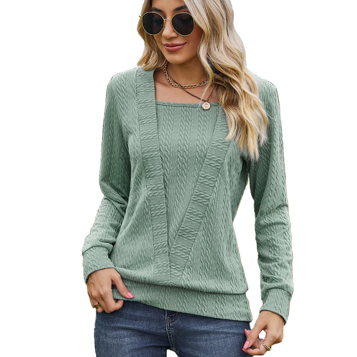 Color-Dark Green-Autumn Winter Solid Color Square Collar Cross Loose Long Sleeved T shirt Top Women-Fancey Boutique
