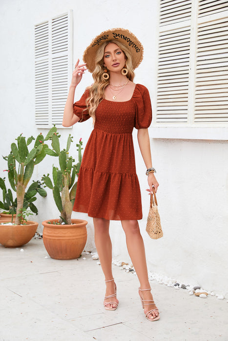 Color-Red Brown-Square Collar Pleating Cute Mini Dress Summer Fur Ball Dress-Fancey Boutique