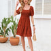 Color-Red Brown-Square Collar Pleating Cute Mini Dress Summer Fur Ball Dress-Fancey Boutique