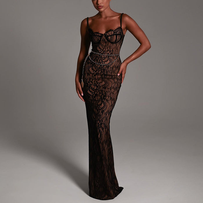 Color-Black-Sexy Lace Stitched Backless Sleeveless Split Maxi Dress-Fancey Boutique