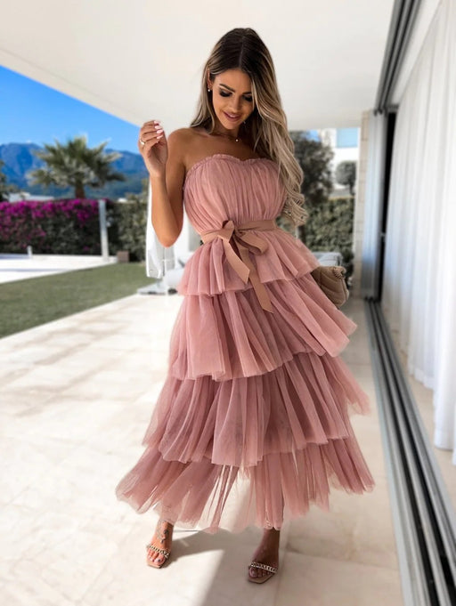 Color-Pink-Mesh Elegant Bandeau Sexy Dress Cake Layer Dress-Fancey Boutique