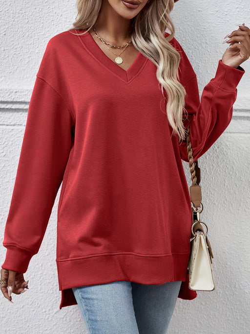 Color-Red-Autumn Winter Women Clothing Sweater Solid Color V Neck Split Front Short Back Long Blouse-Fancey Boutique