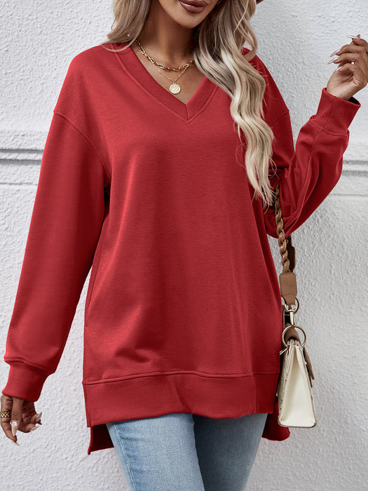 Color-Red-Autumn Winter Women Clothing Sweater Solid Color V Neck Split Front Short Back Long Blouse-Fancey Boutique