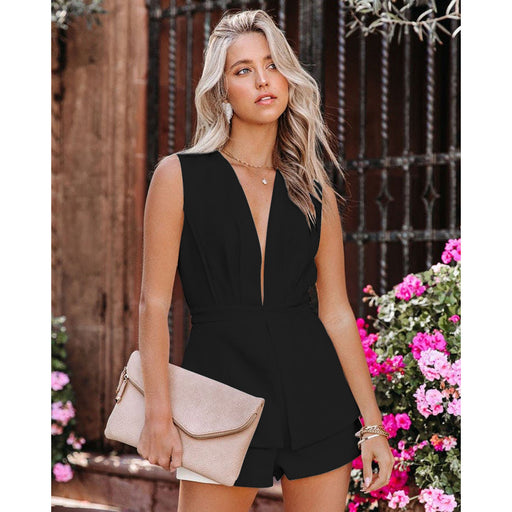 Spring Summer Sexy V neck Backless Jumpsuit Casual Party Romper for Women-Black-Fancey Boutique
