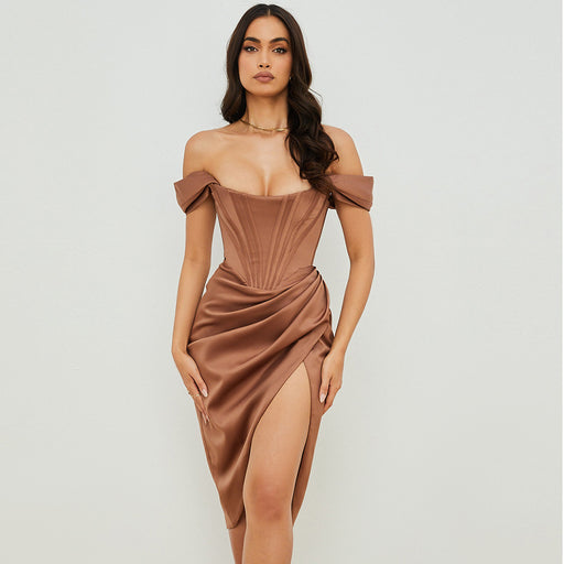 Women Clothing Sexy Bodycon Party Card Shoulder Tube Top Slim Fit Slit Solid Color Dress-Brown-Fancey Boutique