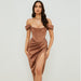 Women Clothing Sexy Bodycon Party Card Shoulder Tube Top Slim Fit Slit Solid Color Dress-Brown-Fancey Boutique