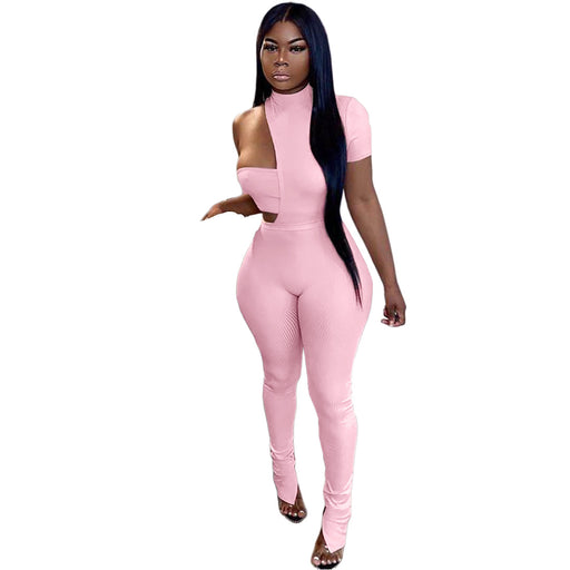 Color-Pink-Women Clothing Asymmetric Sunken Stripe Chest Wrap Cotton-Padded Clothes Slit Pants Three-Piece Suit-Fancey Boutique