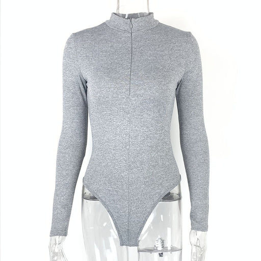 Color-Gray-Autumn Winter Bottoming Shirt Women Clothing Long Sleeve Zipper Tight Bodysuit-Fancey Boutique