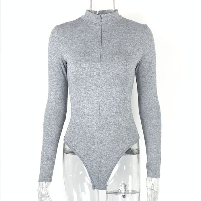 Color-Gray-Autumn Winter Bottoming Shirt Women Clothing Long Sleeve Zipper Tight Bodysuit-Fancey Boutique
