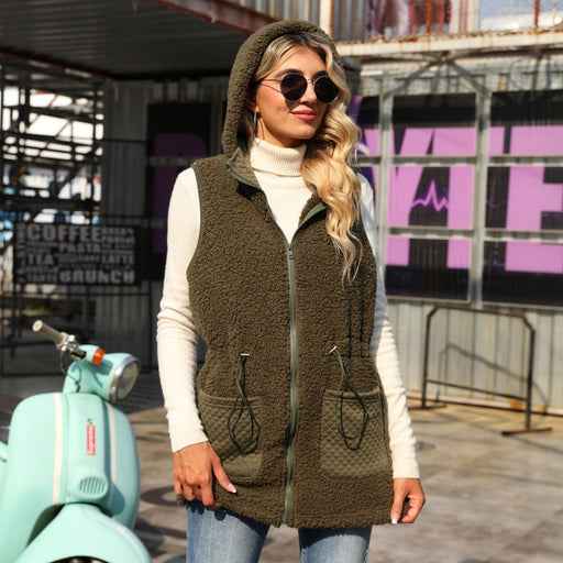 Color-Army Green-Autumn Clothing Women Hooded Sleeveless Zipper Mid Length Solid Color Adjustable Waist Bubble Velvet Vest-Fancey Boutique