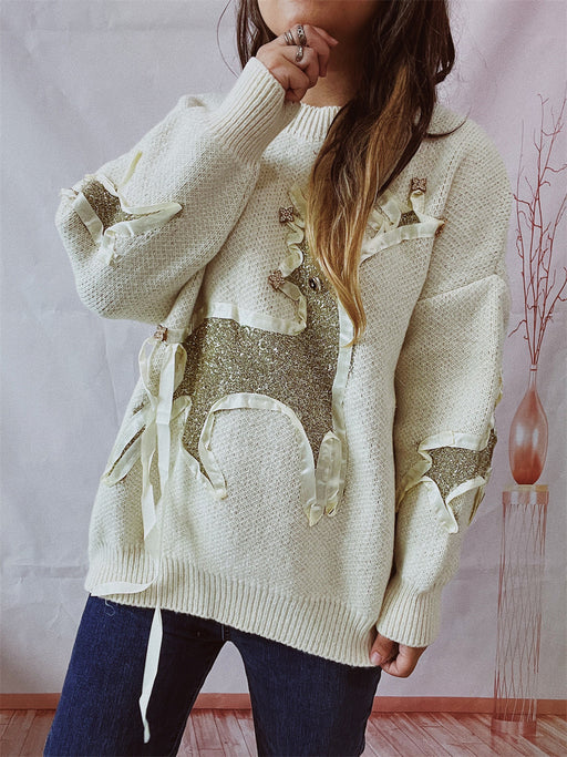Color-White-Autumn Winter Christmas Sweater Ribbon Gold Thread Jacquard Deer Round Neck Thickened Knitted Pullover-Fancey Boutique