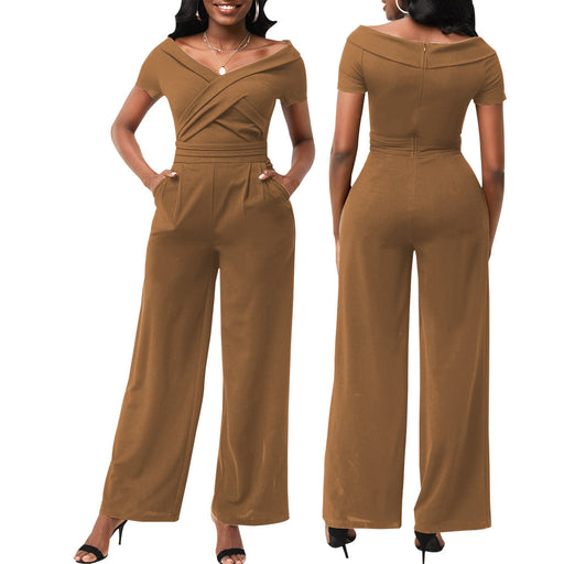 Color-Brown-Masson Sexy Solid Color Short Sleeve V-neck Women Jumpsuit-Fancey Boutique