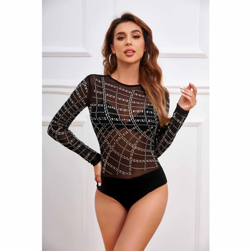 Color-Black-Women Clothing Long Sleeve round Neck Rhinestone Mesh Jumpsuit-Fancey Boutique