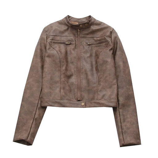 Color-Brown-Women Clothing French All Match Stand Collar Short Slim Casual Faux Leather Jacket Jacket-Fancey Boutique