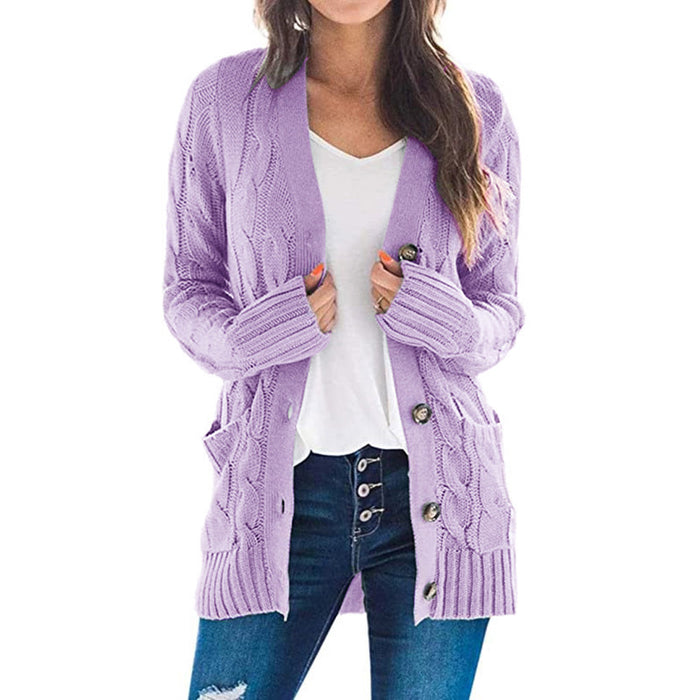 Color-Purple-Autumn Winter Casual V neck Single Breasted Long Sleeve Knitwear Coat Cardigan Sweater for Women-Fancey Boutique