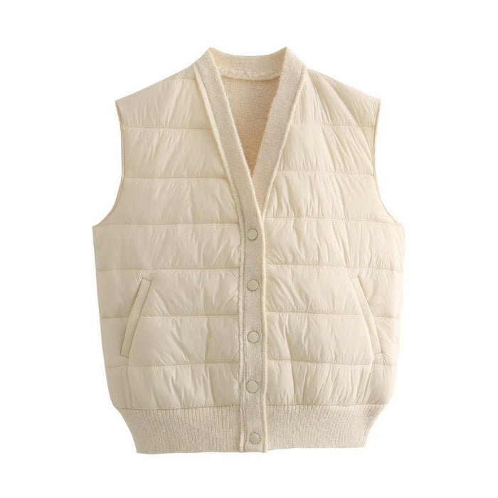 Color-Apricot-Fall Women Clothing Quilted V neck Patchwork Sleeveless Waistcoat Vest-Fancey Boutique