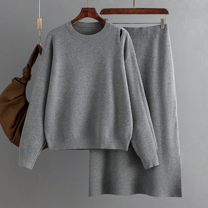 Color-Gray-Suit Autumn Winter Loose Sweater Skirt Set Casual Loose Knitted Two Piece-Fancey Boutique