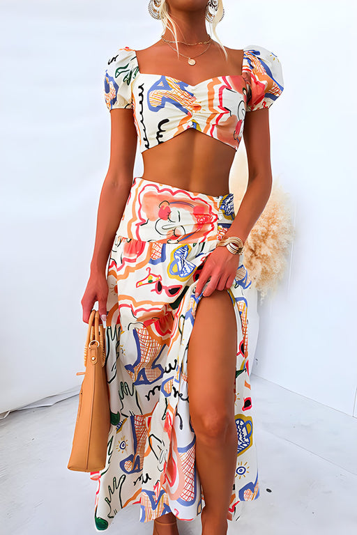 Summer Printed Top Wrapped Chest Skirt Two Piece Suit-Multi-Fancey Boutique