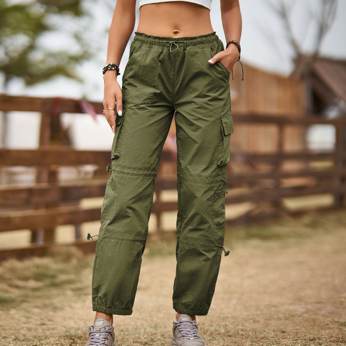 Color-Army Green-Multi Pocket Ankle Tied Lace Up Adjustable Straight Cargo Pants Casual Pants Women-Fancey Boutique