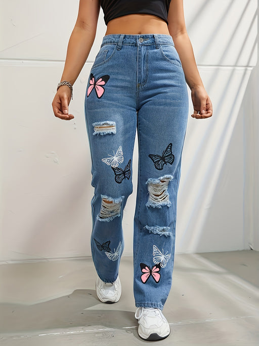 Butterfly Print Ripped Cut-out Denim Straight High Waist Contrast Color Denim Trousers for Women-Blue-Fancey Boutique