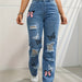 Butterfly Print Ripped Cut-out Denim Straight High Waist Contrast Color Denim Trousers for Women-Blue-Fancey Boutique