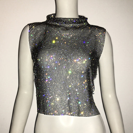 Color-Black-Women's Clothing Full Diamond Vest Luxury Turtleneck Rhinestone Top Sexy Nightclub Sexy Vest-Fancey Boutique