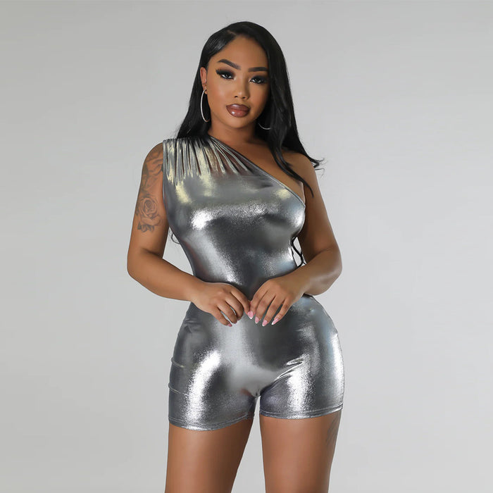 Color-Silver-Shoulder Solid Color Slim Fit Bodysuit Casual Short-Fancey Boutique