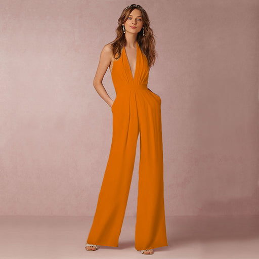 Color-Orange-Spring Autumn Creative Women Sexy Sleeveless Halter Pocket Loose Jumpsuit-Fancey Boutique