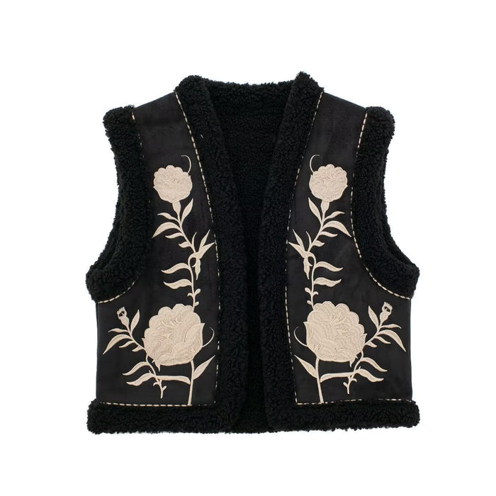 Color-Black-Autumn Winter Women Slim Fit Machine Embroidery Double Sided Vest Short Vest-Fancey Boutique