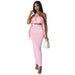 Color-Pink-Wrapped Chest Halter Ruffled Top Bare Cropped High Waist Split Dress Two-Piece Set 3D Decoration-Fancey Boutique