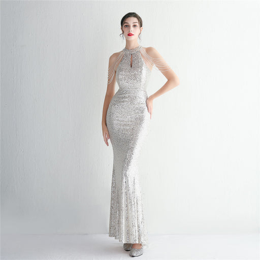 Color-Apricot silver-Sequined Craft Beading Cocktail Evening Dress Elegant Long Halter Slim Fit Fishtail-Fancey Boutique