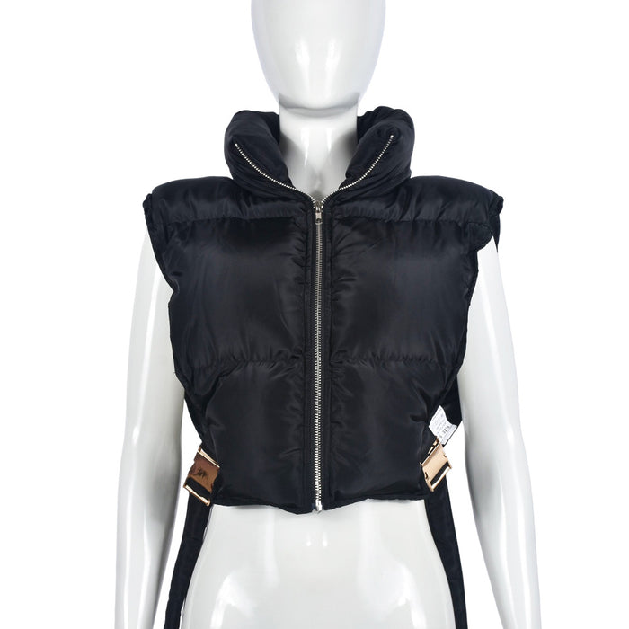 Color-Black-Sexy Stand Collar Zipper Cotton Filled Metal Buckle Strap Vest Coat Cotton Padded Coat-Fancey Boutique