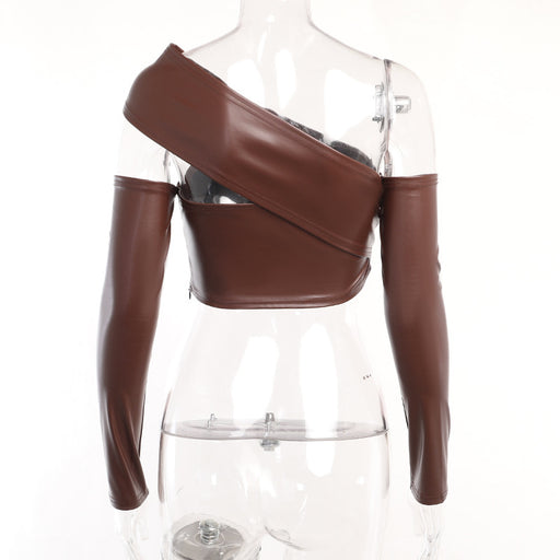 Color-Coffee top-Pleated Faux Leather Cropped Top Women Tight Split Hip Skirt Set-Fancey Boutique