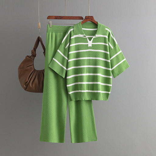 Color-Green-Contrast Color Striped Summer Casual Loose Knitted Wide Leg Pants Two Piece Set-Fancey Boutique