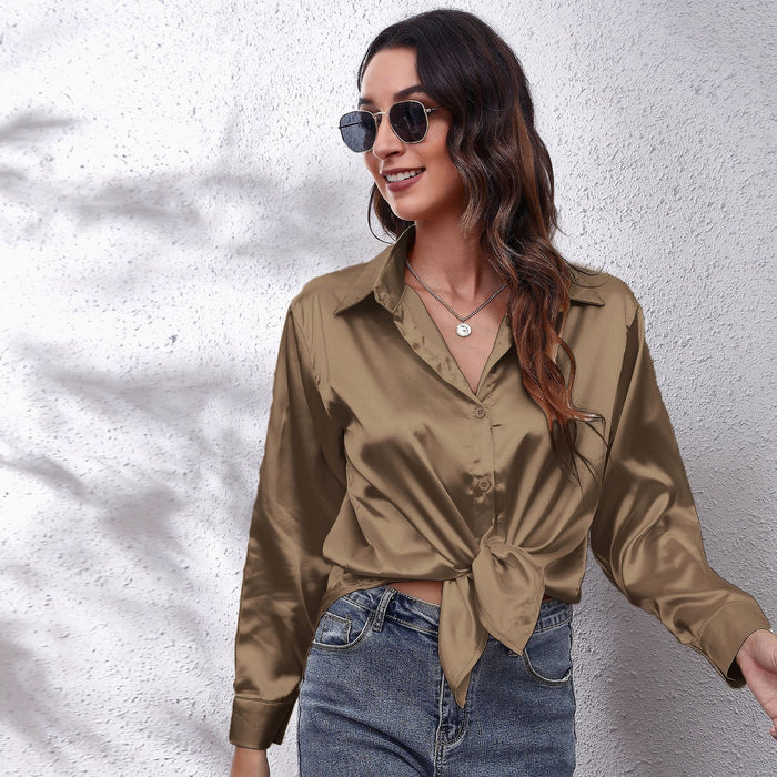 Color-Deep Khaki-Popular Satin Shirt Women Artificial Silk Long Sleeve Shirt Autumn Women Clothing-Fancey Boutique