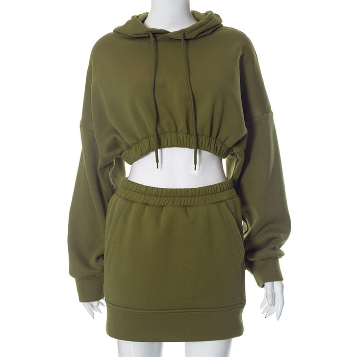 Color-Army Green-Street Trends Cool Sweet Girl Cropped Cropped Hoodie Short Skirt Two Piece Suit Women-Fancey Boutique
