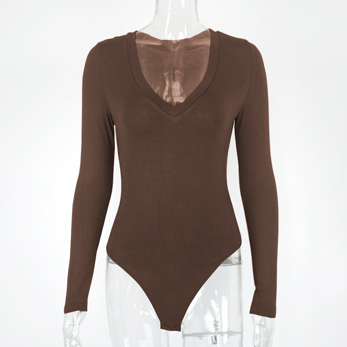 Color-Coffee-Autumn Winter Bottoming Shirt Tight Sexy Women Clothing Modal Long Sleeve V-neck Bodysuit-Fancey Boutique
