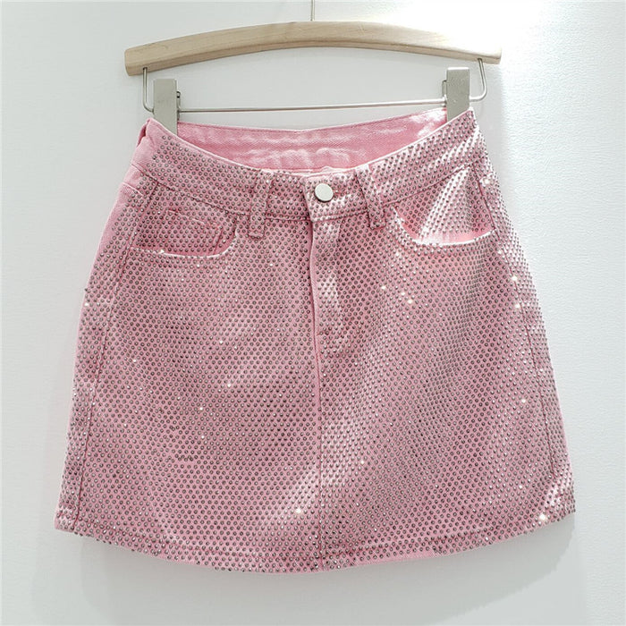 Color-Pink-【MOQ-5 packs】 Summer Heavy Embroidery Drilling Denim Skirt Women High Waist Slimming A line Hip Wrapped Skirt-Fancey Boutique