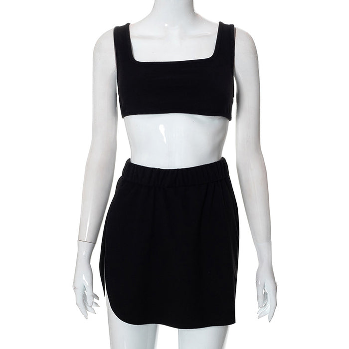 Color-Black-Women Clothing Summer Sleeveless Vest Sheath Side Slit Skirt Casual Set-Fancey Boutique