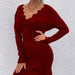 Color-Red-Autumn Winter Wave Pattern V neck Split Sweater Dress Women-Fancey Boutique