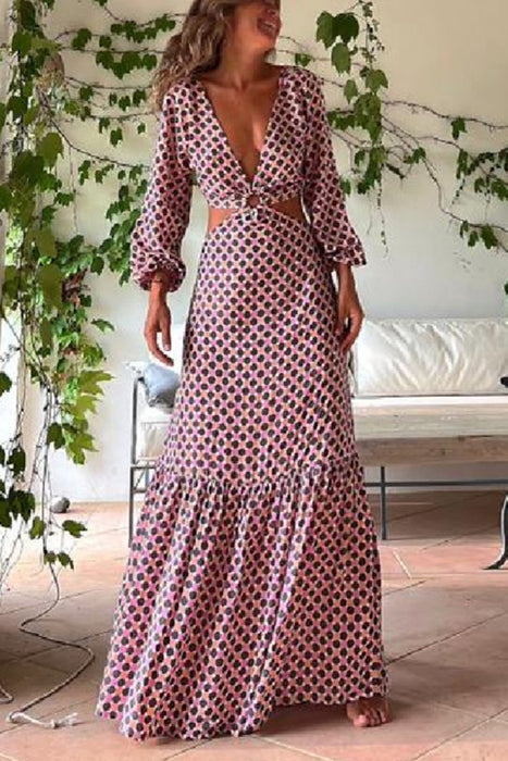 Color-Autumn V neck Long Sleeve Tied Backless Irregular Asymmetric Design Printed Dress for Women-Fancey Boutique