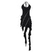 Color-Black-Spring Deconstructed Metal Oblique Zipper Halter Irregular Asymmetric Ruffled Black Dress Women Sexy Dress-Fancey Boutique