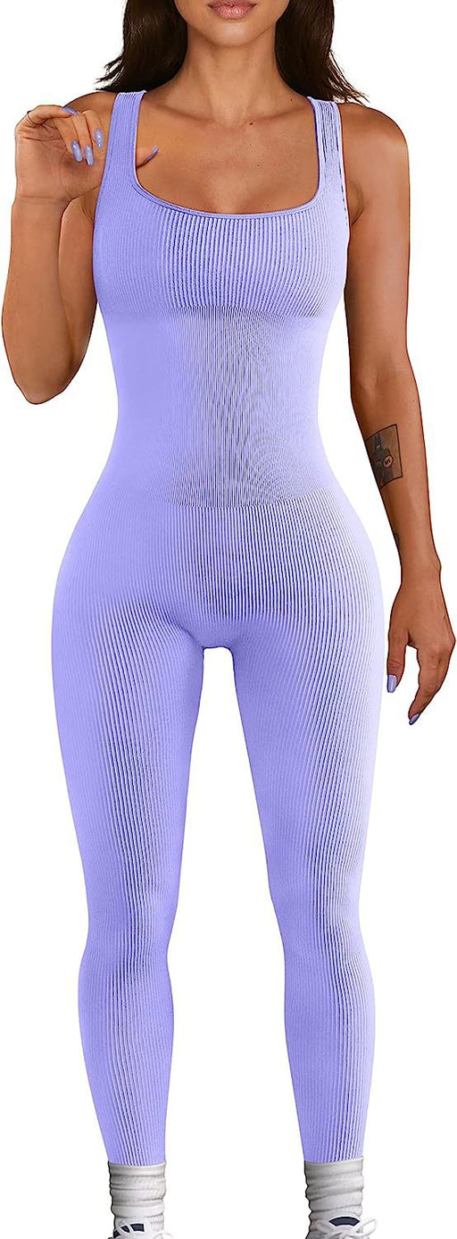 Color-Lavender-Summer Sexy Women Yoga Jumpsuit Ribbed Square Collar Sleeveless Sports Jumpsuit Trousers-Fancey Boutique