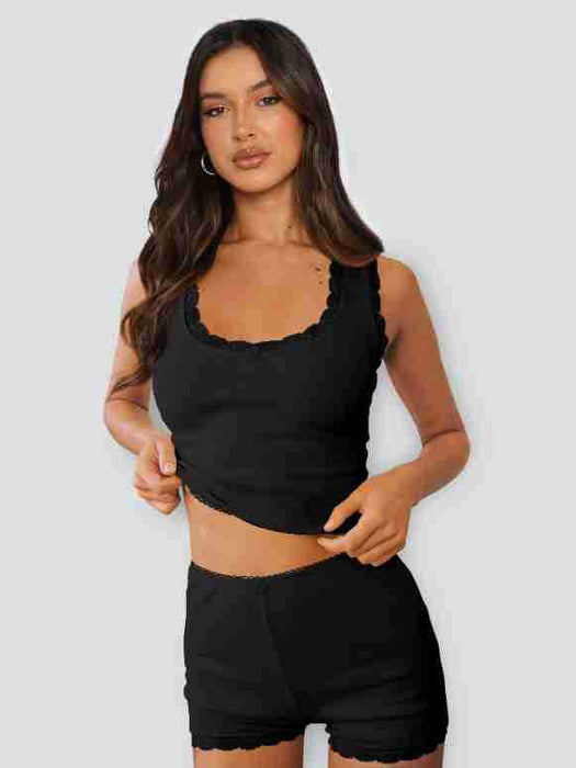 Color-Black-Lace Stitching Home Two Piece Slim Fit Sling High Waist Shorts Women Multi Color Casual Suit-Fancey Boutique