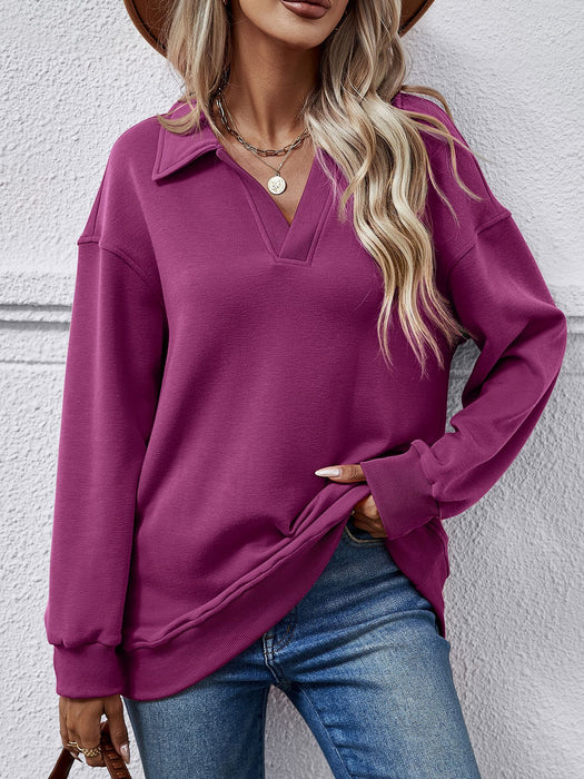 Color-Purple-Women Clothing Autumn Winter Winter Polo Collar Long Sleeve Loose Fitting Fleece Pullover Women-Fancey Boutique