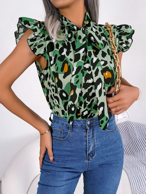 Color-Green-Spring Summer Casual Leopard Print Stringy Selvedge Lace Up Chiffon Blouse Top Women Clothing-Fancey Boutique