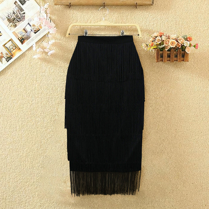 Color-Black-High Waist Stitching Tassels Slim-Fit Hip Skirt Party Pencil Skirt plus Size Women Skirt Skirt Plus Size-Fancey Boutique