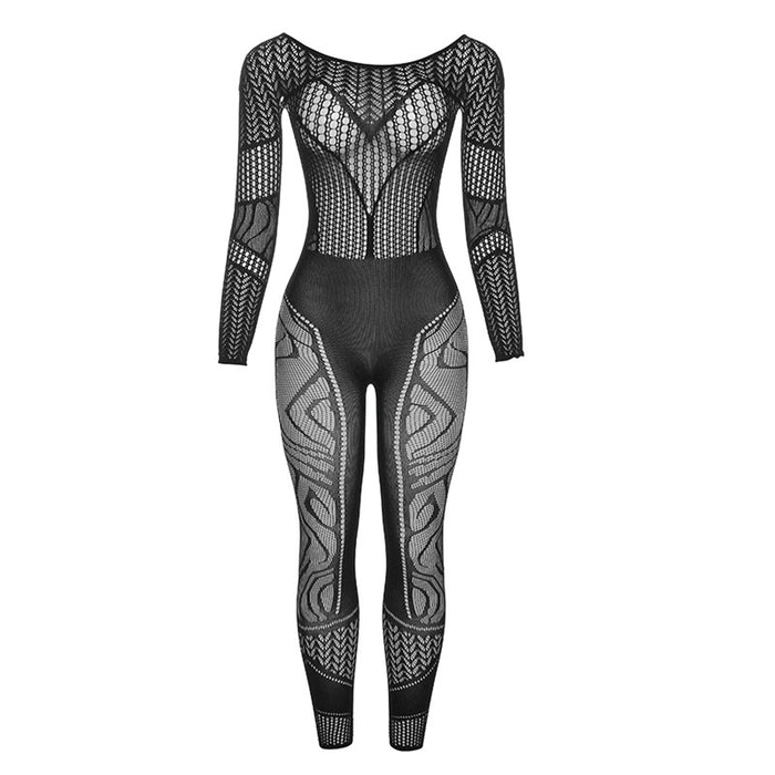 Color-Black-Summer Women Clothing Sexy Cutout Jacquard Knitted High Waist Tight Jumpsuit-Fancey Boutique