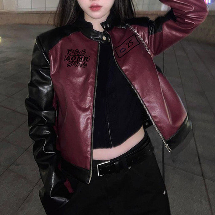 Color-Red-Contrast Color Faux Leather Jacket Women Cardigan Embroidered Stand Collar Zipper Jacket Motorcycle Short Top Autumn-Fancey Boutique